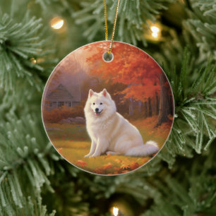 American Eskimo in Autumn Leaves Fall Inspired Ceramic Ornament
