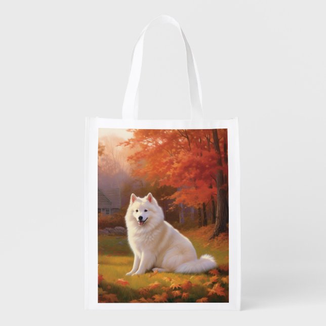 American Eskimo in Autumn Leaves Fall Inspired Grocery Bag (Front)