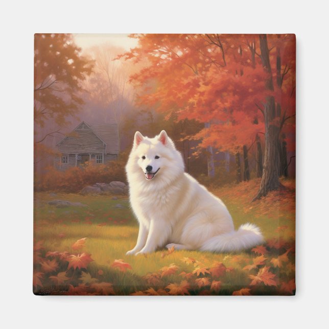 American Eskimo in Autumn Leaves Fall Inspired Magnet (Front)