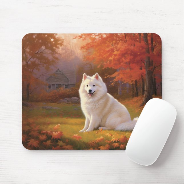 American Eskimo in Autumn Leaves Fall Inspired Mouse Pad (With Mouse)
