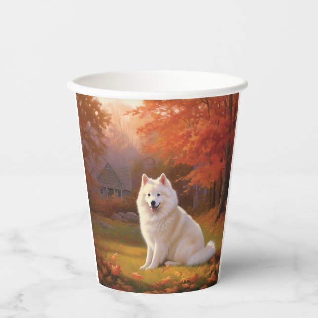 American Eskimo in Autumn Leaves Fall Inspired Paper Cups (Front)