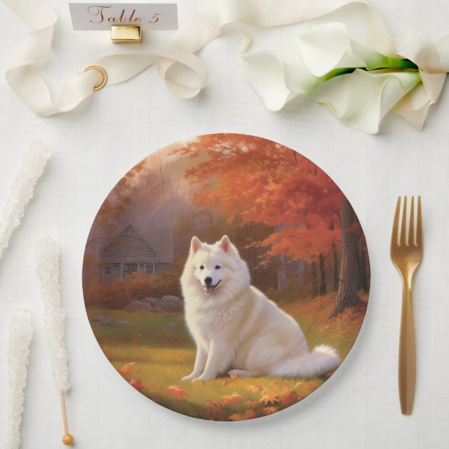 American Eskimo in Autumn Leaves Fall Inspired Paper Plates (Wedding)