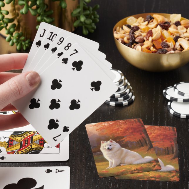 American Eskimo in Autumn Leaves Fall Inspired Poker Cards (In Situ)