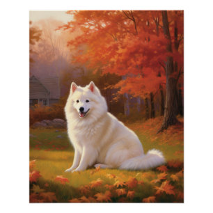 American Eskimo in Autumn Leaves Fall Inspired Poster
