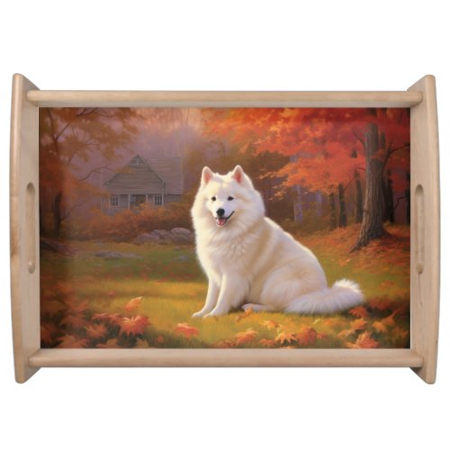 American Eskimo in Autumn Leaves Fall Inspired Serving Tray