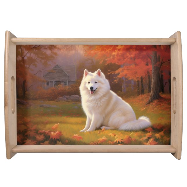 American Eskimo in Autumn Leaves Fall Inspired Serving Tray (Front)