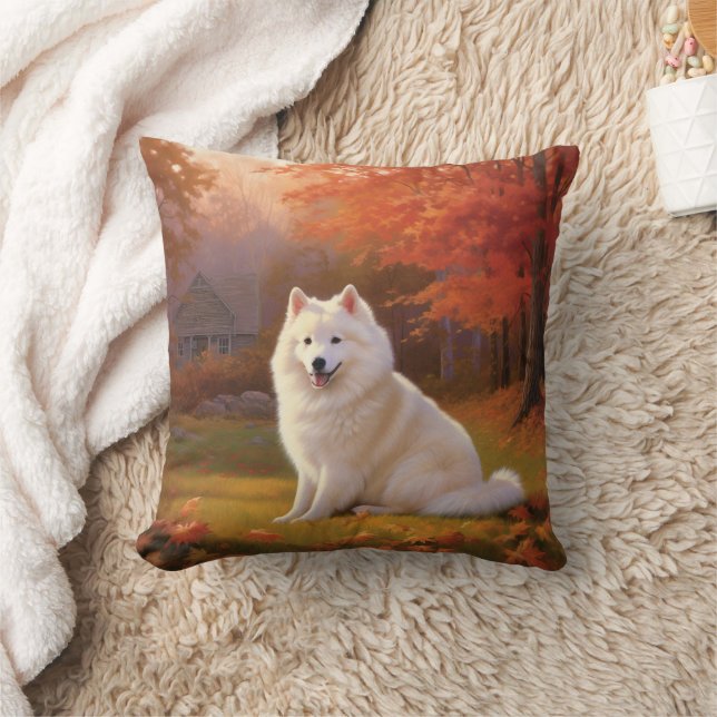 American Eskimo in Autumn Leaves Fall Inspired Throw Pillow (Blanket)