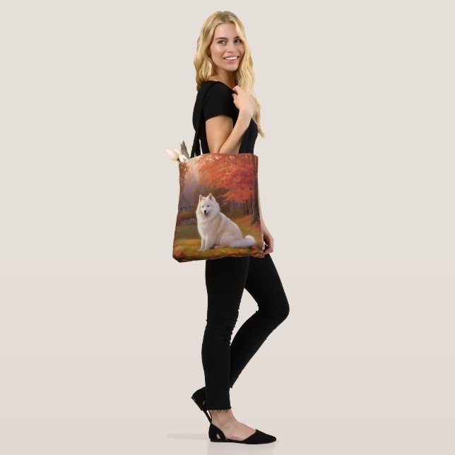 American Eskimo in Autumn Leaves Fall Inspired Tote Bag (On Model)