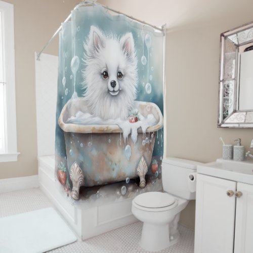 American Eskimo In Bathtub Watercolor Dog Art Shower Curtain