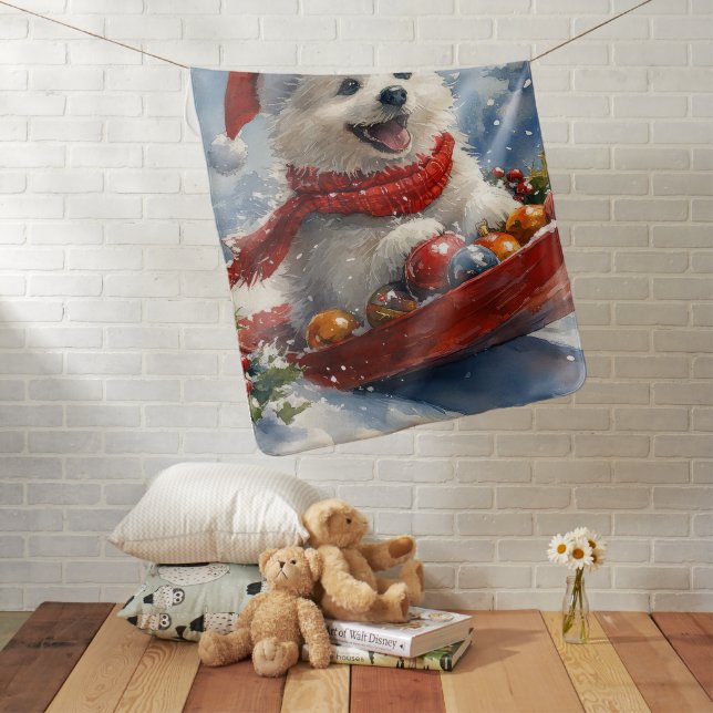 American Eskimo in Sledge Let it Snow Christmas Baby Blanket (In Situ)