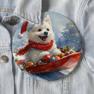 American Eskimo in Sledge Let it Snow Christmas Button