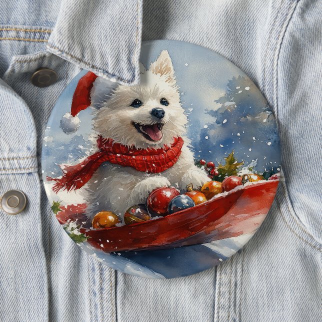 American Eskimo in Sledge Let it Snow Christmas Button (In Situ)