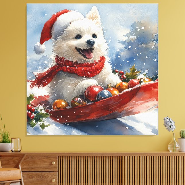 American Eskimo in Sledge Let it Snow Christmas Canvas Print (Insitu(LivingRoom))