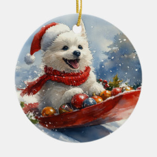 American Eskimo in Sledge Let it Snow Christmas Ceramic Ornament