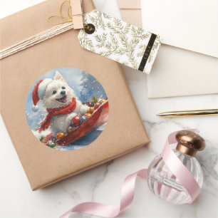 American Eskimo in Sledge Let it Snow Christmas Classic Round Sticker