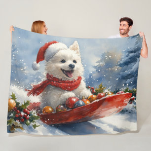 American Eskimo in Sledge Let it Snow Christmas Fleece Blanket