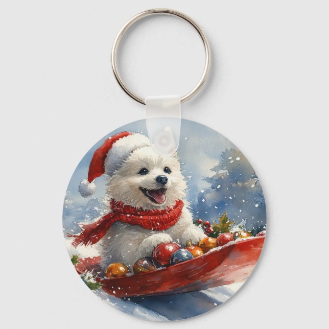 American Eskimo in Sledge Let it Snow Christmas Keychain (Front)