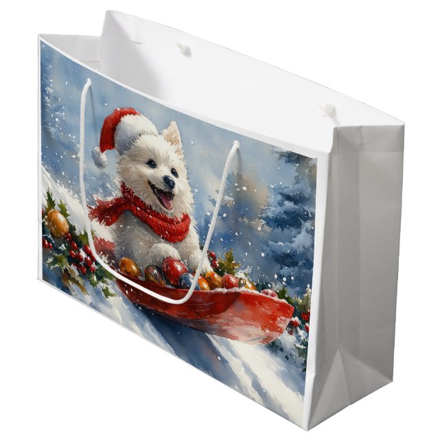 American Eskimo in Sledge Let it Snow Christmas Large Gift Bag (Front Angled)