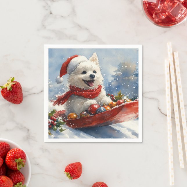 American Eskimo in Sledge Let it Snow Christmas Napkins (Insitu)