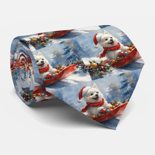 American Eskimo in Sledge Let it Snow Christmas Neck Tie (Rolled)