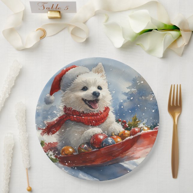 American Eskimo in Sledge Let it Snow Christmas Paper Plates (Wedding)