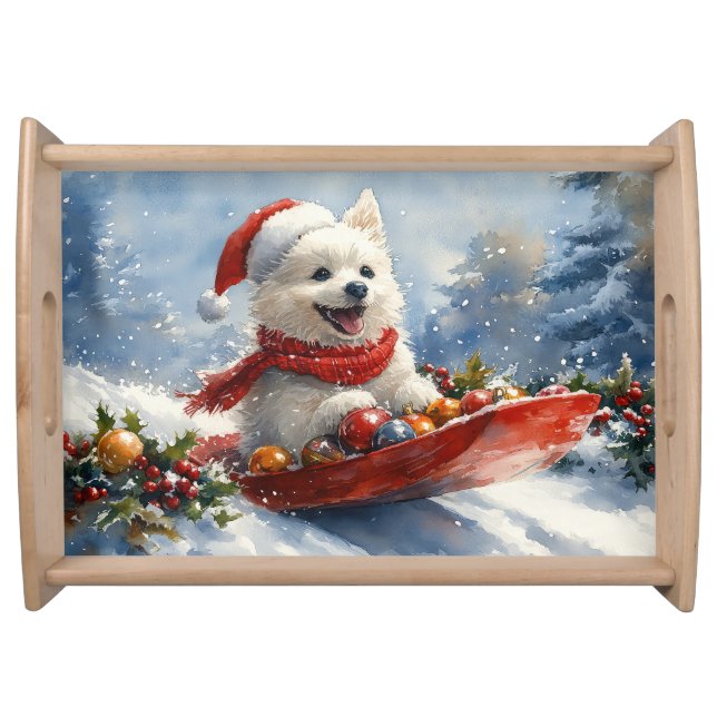 American Eskimo in Sledge Let it Snow Christmas Serving Tray (Front)