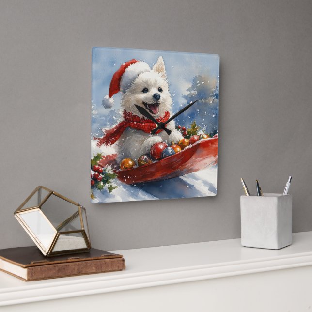 American Eskimo in Sledge Let it Snow Christmas Square Wall Clock (Office)