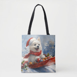 American Eskimo in Sledge Let it Snow Christmas Tote Bag