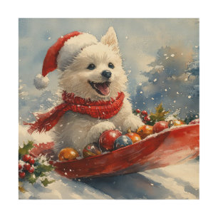 American Eskimo in Sledge Let it Snow Christmas Wood Wall Art