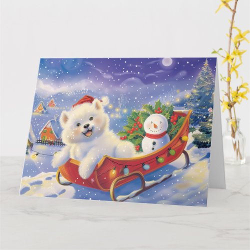 American Eskimo in Sleigh Snow Christmas Card