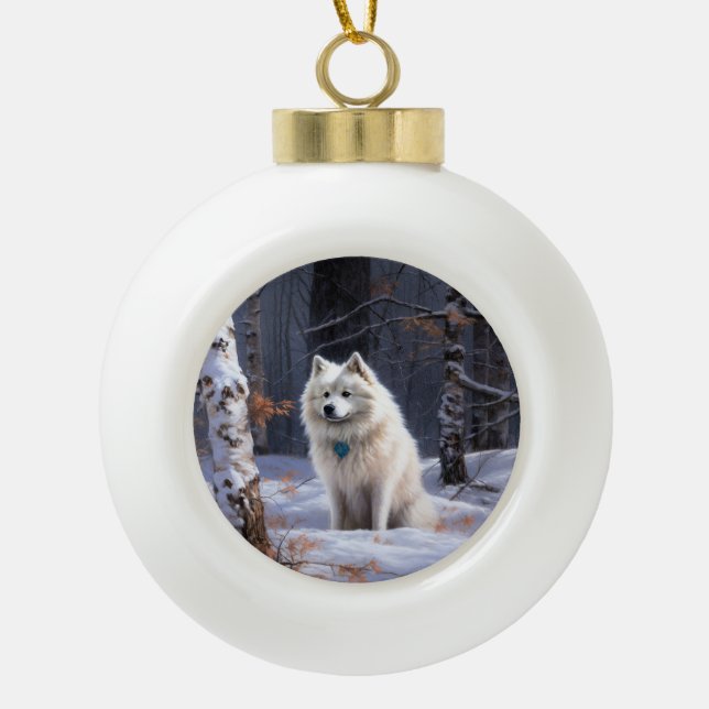 American Eskimo Let It Snow Christmas  Ceramic Ball Christmas Ornament (Front)