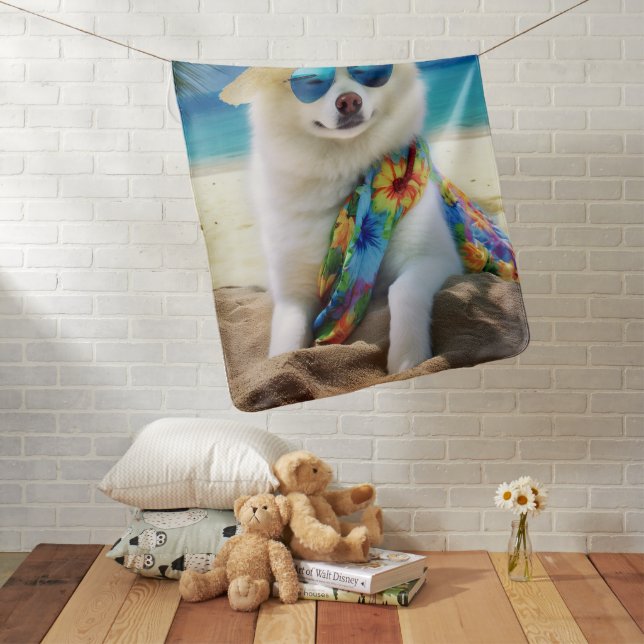 American Eskimo on Beach,summer gift for dog lover Baby Blanket (In Situ)
