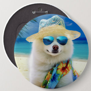 American Eskimo on Beach,summer gift for dog lover Button