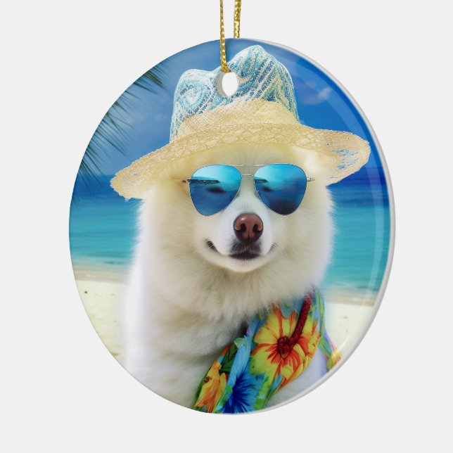 American Eskimo on Beach,summer gift for dog lover Ceramic Ornament (Left)