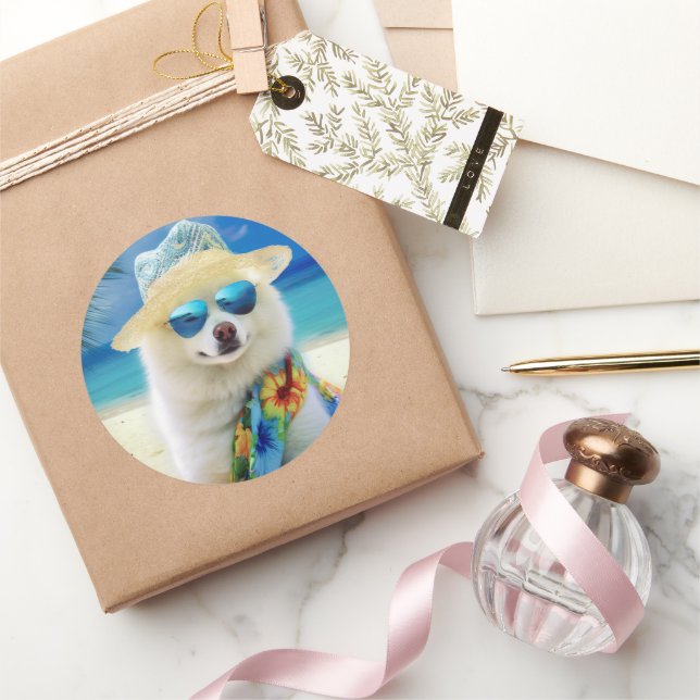 American Eskimo on Beach,summer gift for dog lover Classic Round Sticker (Gifting)