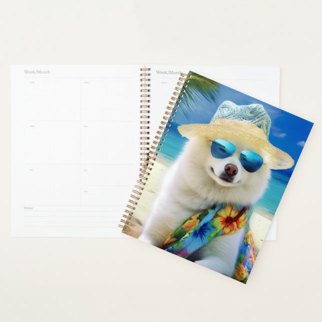 American Eskimo on Beach,summer gift for dog lover Planner (Display)