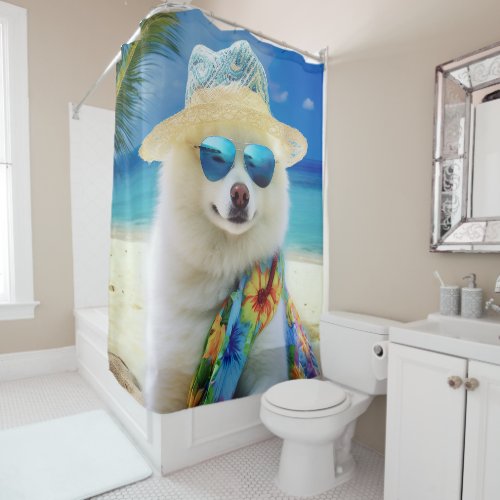 American Eskimo on Beachsummer gift for dog lover Shower Curtain