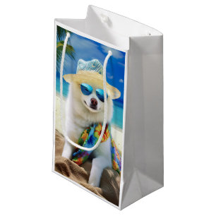 American Eskimo on Beach,summer gift for dog lover Small Gift Bag