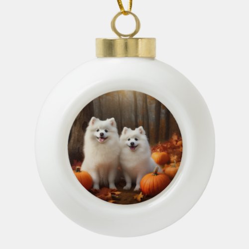 American Eskimo Puppy Autumn Delight Pumpkin Ceramic Ball Christmas Ornament