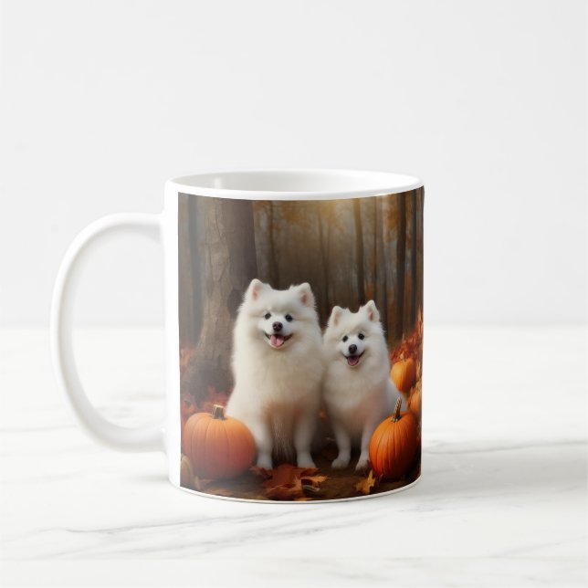 American Eskimo Puppy Autumn Delight Pumpkin Coffee Mug (Left)