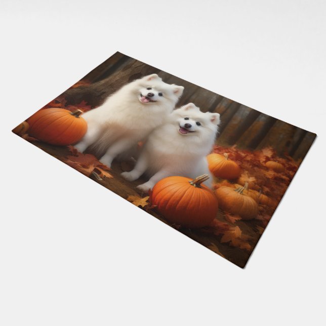 American Eskimo Puppy Autumn Delight Pumpkin Doormat (Angled)