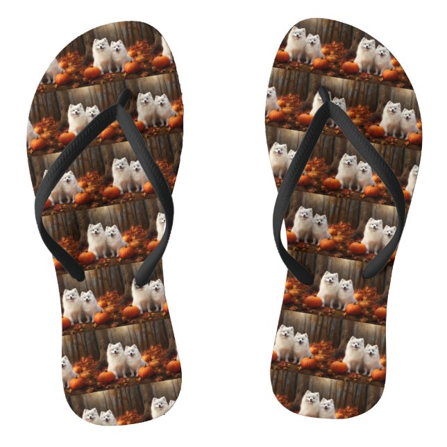 American Eskimo Puppy Autumn Delight Pumpkin Flip Flops (Footbed)