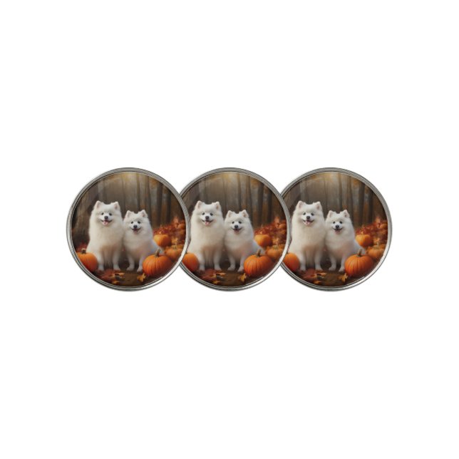 American Eskimo Puppy Autumn Delight Pumpkin Golf Ball Marker (3 Up)