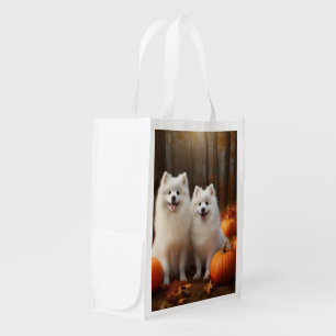 American Eskimo Puppy Autumn Delight Pumpkin Grocery Bag