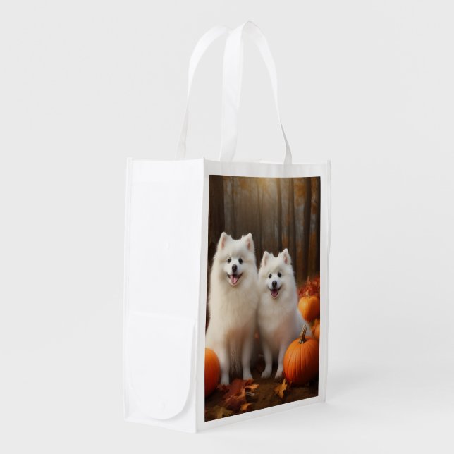 American Eskimo Puppy Autumn Delight Pumpkin Grocery Bag (Front Side)