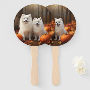 American Eskimo Puppy Autumn Delight Pumpkin Hand Fan