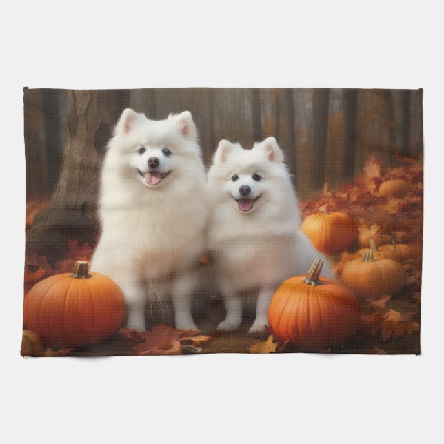American Eskimo Puppy Autumn Delight Pumpkin Kitchen Towel (Horizontal)