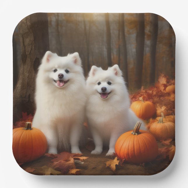 American Eskimo Puppy Autumn Delight Pumpkin Paper Plates (Front)