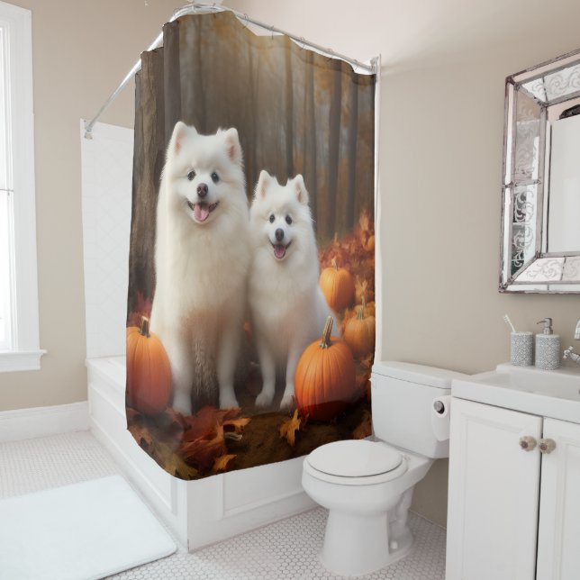 American Eskimo Puppy Autumn Delight Pumpkin Shower Curtain (In Situ)