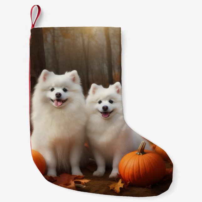 American Eskimo Puppy Autumn Delight Pumpkin Small Christmas Stocking (Front)